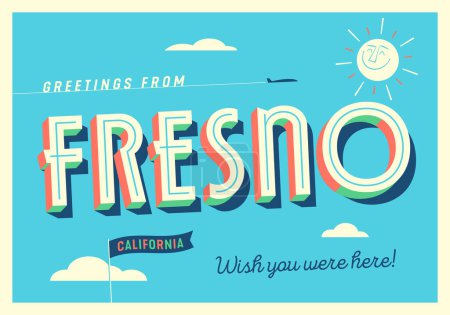 Ilustración de Saludos desde Fresno, California, USA - ¡Ojalá estuvieras aquí! - Postal turística. - Imagen libre de derechos