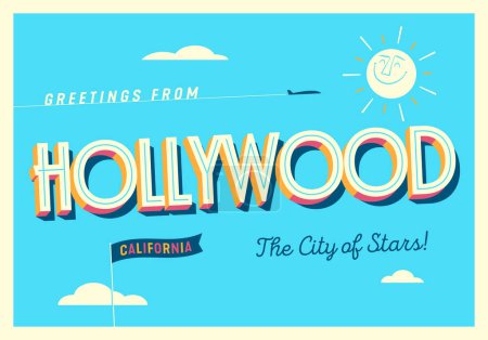 Illustration for Greetings from Hollywood, California, USA - The city of stars! - Touristic Postcard. - Royalty Free Image