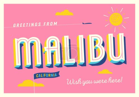 Téléchargez les illustrations : Salutations de Malibu, Californie, États-Unis - J'aimerais que vous soyez là ! - Carte postale touristique. - en licence libre de droit