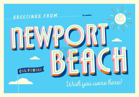 Ilustración de Saludos desde Newport Beach, California, USA - ¡Ojalá estuvieras aquí! - Postal turística. - Imagen libre de derechos