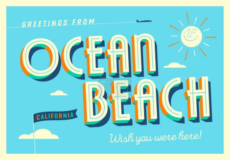 Ilustración de Saludos desde Ocean Beach, California, USA - ¡Ojalá estuvieras aquí! - Postal turística. - Imagen libre de derechos