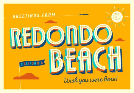 Téléchargez les illustrations : Salutations de Redondo Beach, Californie, États-Unis - J'aimerais que vous soyez là ! - Carte postale touristique. - en licence libre de droit