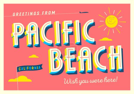 Ilustración de Saludos desde Pacific Beach, California, USA - ¡Ojalá estuvieras aquí! - Postal turística. - Imagen libre de derechos