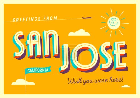 Ilustración de Saludos desde San Jose, California, USA - ¡Ojalá estuvieras aquí! - Postal turística. - Imagen libre de derechos