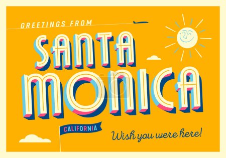 Téléchargez les illustrations : Salutations de Santa Monica, Californie, États-Unis - J'aimerais que vous soyez là ! - Carte postale touristique. - en licence libre de droit