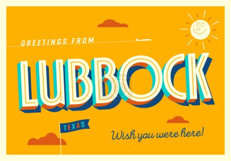 Illustration for Greetings from Lubbock, Texas, USA - Wish you were here! - Touristic Postcard. - Royalty Free Image