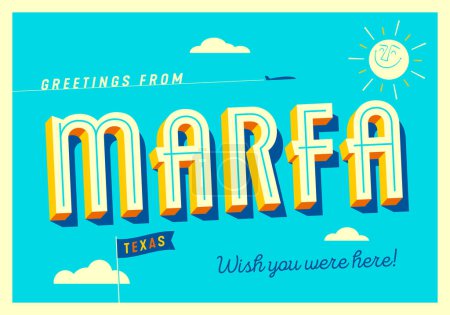 Illustration for Greetings from Marfa, Texas, USA - Wish you were here! - Touristic Postcard. - Royalty Free Image