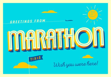 Téléchargez les illustrations : Salutations de Marathon, Texas, États-Unis - J'aimerais que vous soyez là ! - Carte postale touristique. - en licence libre de droit