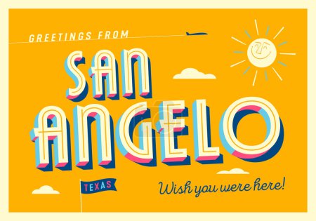 Téléchargez les photos : Salutations de San Angelo, Texas, États-Unis - J'aimerais que vous soyez là ! - Carte postale touristique. - en image libre de droit