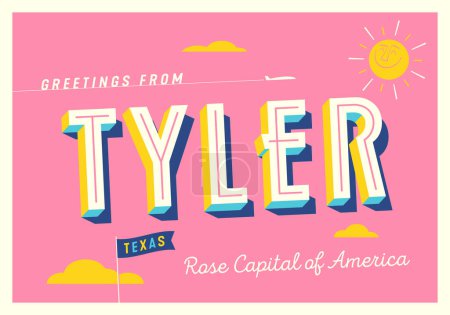 Téléchargez les illustrations : Salutations de Tyler, Texas, États-Unis - J'aimerais que vous soyez là ! - Carte postale touristique. - en licence libre de droit