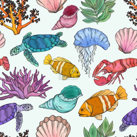 Ilustración de Vector criaturas marinas diseño sin fisuras. Patrón de vida silvestre con habitantes del mar - Imagen libre de derechos
