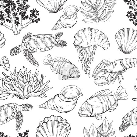 Ilustración de Esquema de vectores criaturas marinas diseño sin fisuras. Patrón de vida silvestre con habitantes del mar - Imagen libre de derechos