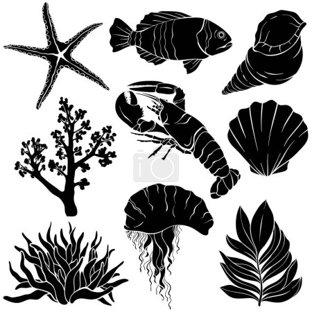 Ilustración de Vector criaturas del mar Siluetas conjunto. Vida silvestre habitantes del mar - Imagen libre de derechos