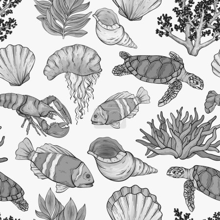 Ilustración de Monocromo vector criaturas marinas diseño sin fisuras. Patrón de vida silvestre con habitantes del mar - Imagen libre de derechos