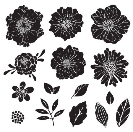 Set von Silhouette von Blumen. Floral Vintage Cliparts. Vektorillustration