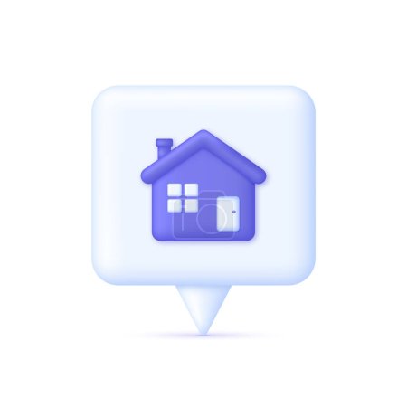 Téléchargez les illustrations : Symbole de la maison 3D sur Speech Bubble. Immobilier, maison et concept hypothécaire. Une maison intelligente. Peut être utilisé à de nombreuses fins. Vecteur tendance et moderne dans le style 3d. - en licence libre de droit