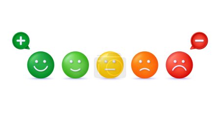 Illustration for 3D Feedback emotion scale illustration. Reviews with good and bad rating. Feedback in the form of emotions. Customer reviews. Excellent, good, normal, bad, terrible. Trendy vector in 3d style. - Royalty Free Image