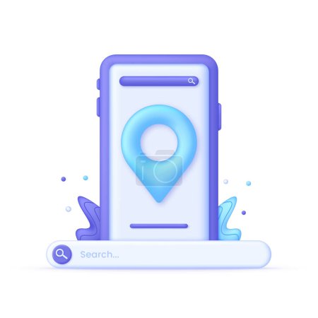 Illustration for 3D Mobile phone with location pin. Travel navigation concept and internet search bar technology. GPS navigator pointer. Find location. Trendy and modern vector in 3d style. - Royalty Free Image