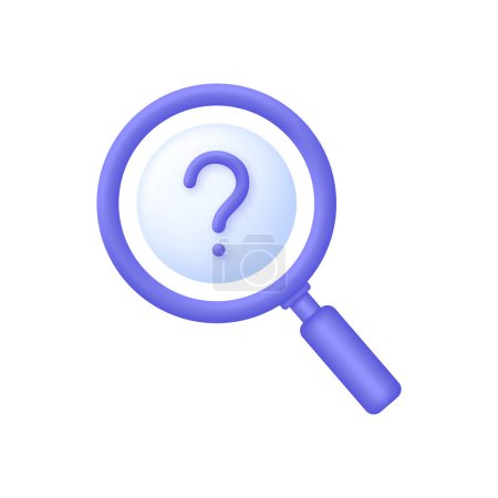 3D Magnifying glass with a question mark icon. Unknown or uncertain concept. Looking for information. Trendy and modern vector in 3d style