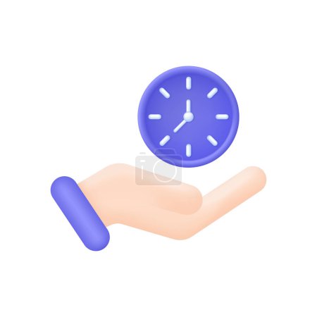3D-Zeiger mit Uhr-Symbol. Selbstorganisation, Zeitmanagement, Zeiteinteilung, Timing, Konzept der Tagesplanung. Trendiger und moderner Vektor im 3D-Stil