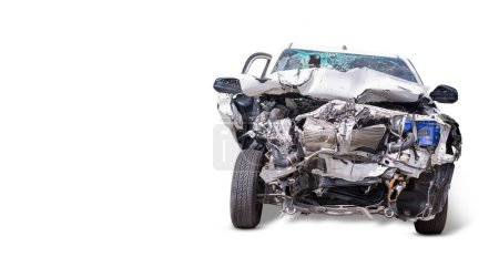 Photo for Front of white car get damaged by accident on the road. Isolated on white background, copy space for text. - Royalty Free Image