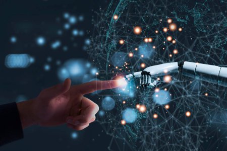Ein menschlicher Finger und ein Roboterfinger laufen inmitten eines leuchtenden Netzwerks digitaler Verbindungen zusammen und symbolisieren die Mensch-KI-Interaktion