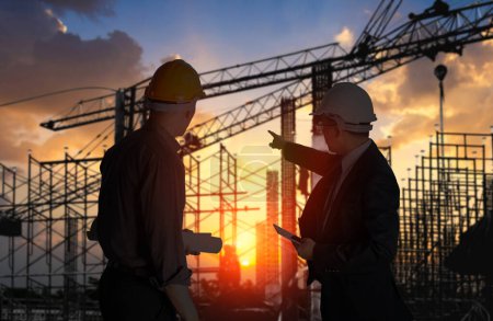 Two construction engineers in hard hats discuss project plans against a backdrop of silhouetted cranes at sunset