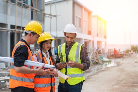 Three construction professionals reviewing blueprints in front of a building site