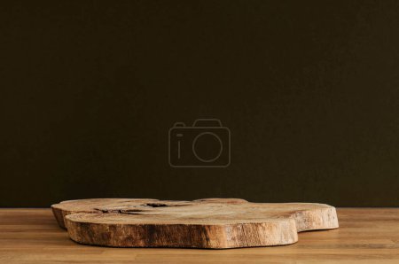 Wooden natural stand on wooden table with copy space background