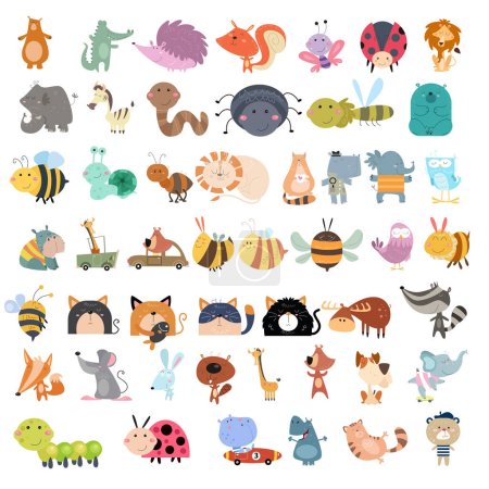 Ilustración de Una colección de imágenes de dibujos animados animales lindos adecuados para tarjetas de cumpleaños, invitaciones y diseños de ropa para niños - Imagen libre de derechos