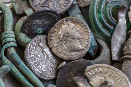 Archaeological remains of the Roman Empire.Authentic silver denarius, antoninianus,aureus of ancient Rome.Rare finds. Bronze artifacts.Antikvariat.