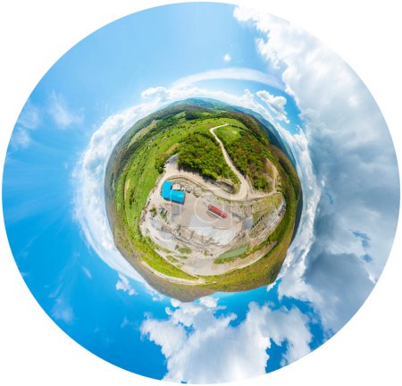 Carpathian Mountains of Ukraine, a quarry where granite sandstone is mined for the production of building materials, powerful trucks and conveyors load gravel - video from a drone Spherical 360 panorama