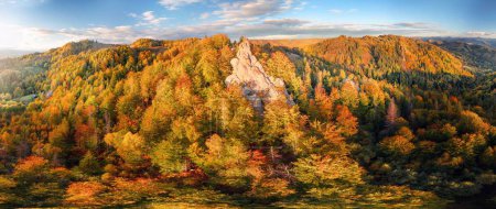 La cresta de Sokilsky en los Cárpatos es especialmente hermosa en otoño. sus antiguos acantilados entre bosques de haya y abedul son fascinantes desde la vista de un pájaro