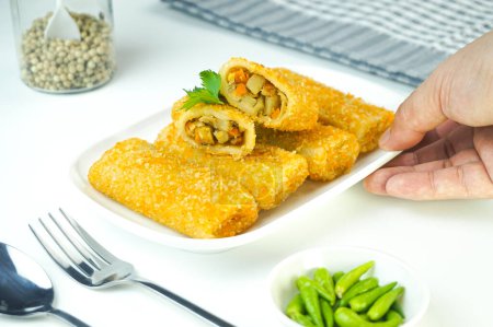 Téléchargez les photos : Risoles de légumes, en Indonésie connu sous le nom Risoles sayur. C'est comme une petite croquette remplie de carotte, roulée dans de la chapelure puis frite dans une assiette sur fond blanc à la main. Gros plan - en image libre de droit