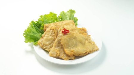 Téléchargez les photos : Le tempeh frit ou Tempe goreng est un aliment traditionnel indonésien fait de tempeh recouvert de pâte à farine avec un mélange et des épices servies dans une assiette isolée sur un fond blanc vif. Gros plan - en image libre de droit