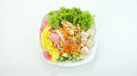 Téléchargez les photos : La salade de légumes crus ou Asinan Betawi est un aliment traditionnel indonésien composé de craquelins de sauce aux arachides au tofu à la laitue au chou et servi dans une assiette isolée sur un fond blanc vif. Vue du dessus - en image libre de droit