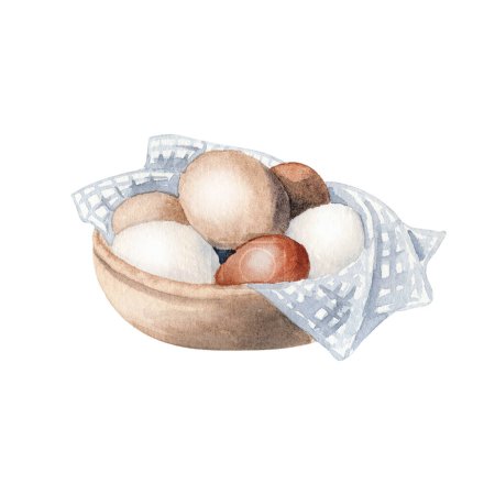 Tazón acuarela rural con huevos. Picnic de verano en el pueblo. ilustración de granja para el diseño