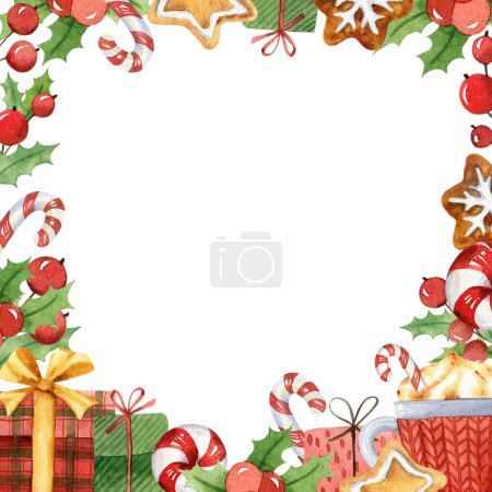 Foto de Regalos de Navidad acuarela marco cuadrado. Elementos tradicionales de celebración roja y verde. Cajas de regalo, taza de cacao, caramelos de piruleta y ílex sagrado con bayas rojas - Imagen libre de derechos