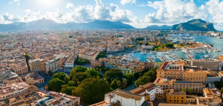 Photo for Aerial panoramic view of Palermo town in Sicily. Italy near the Mondello white sand beach in and beautiful lagoon. - Royalty Free Image