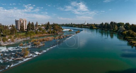 Photo for Aerial panoramic view of the waterfall in city of Idaho Falls, ID, USA. - Royalty Free Image
