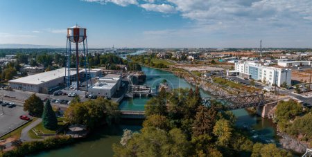 Photo for Aerial panoramic view of the waterfall in city of Idaho Falls, ID, USA. - Royalty Free Image