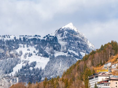 A serene winter scene in Engelberg, Switzerland, featuring a snowcapped mountain, evergreen forests, and the luxurious WALDEGG hotel with alpine architecture.
