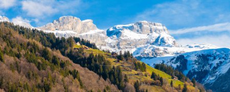 Panoramic view of Engelberg, Switzerland, showing green slopes, Swiss chalets, and snowcapped peaks against a blue sky, highlighting the regions natural beauty and serenity.