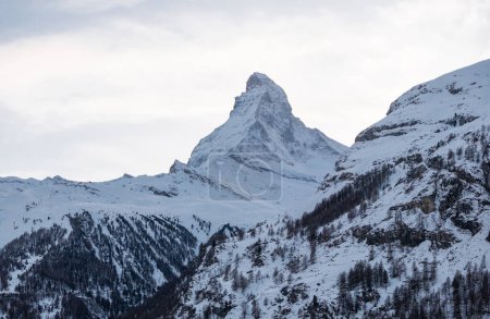 Dieses Bild fängt die heiteren Schweizer Alpen ein und zeigt das ikonische Matterhorn in Zermatt, Schweiz. Schnee bedeckt das zerklüftete Gelände und einige Bäume, die in das sanfte Licht der Morgendämmerung oder Dämmerung getaucht sind..