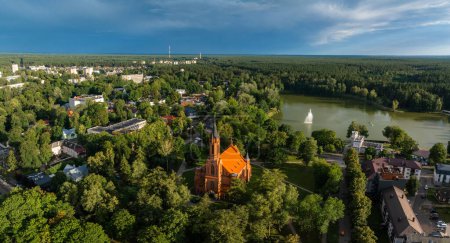Aerial panoramic view of Lithuanian resort Druskininkai. Druskininkai in autumn colours, drone picture of multi coloured trees in most beautiful city of Druskininkai in Lithuania