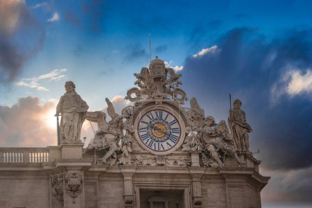 Explore stunning architectural detail in Vatican City with this ornate clock and statues, set against a dramatic sky. Rich in history and religious significance.