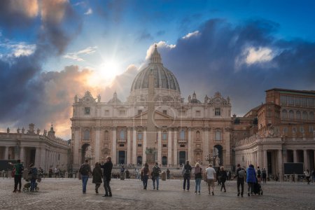 Photo for Serene moment at St. Peters Square in Vatican City, with St. Peters Basilica and tourists in the background. Ethereal glow and grandeur of Renaissance architecture. - Royalty Free Image