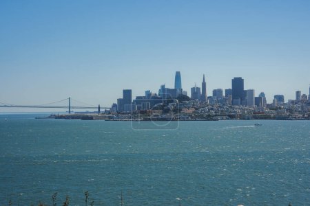 Panoramic view of San Francisco skyline from a vantage point, featuring San Francisco Bay, Bay Bridge, skyscrapers like Salesforce Tower and Transamerica Pyramid, serene atmosphere.