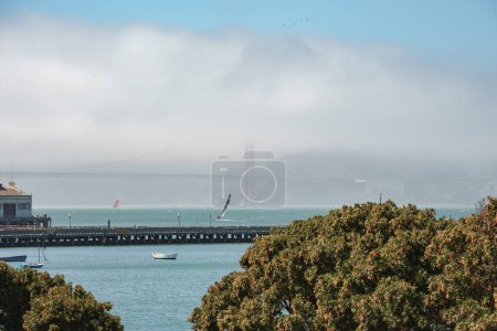 Serene waterfront view in San Francisco. Lush greenery frames bay with boats sailing. Pier leads to Golden Gate Bridge in light mist. Sky is calm blue. Typical day in SF.