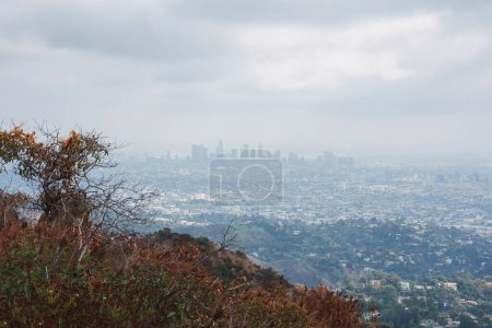 Téléchargez les photos : Impressionnante vue sur Los Angeles sous un ciel nuageux. Collines avec végétation sèche conduisent à des zones résidentielles et skyline du centre-ville en arrière-plan. - en image libre de droit